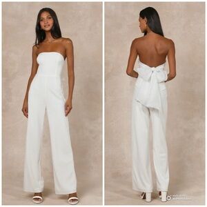 Lulus Small Marvelous Glow White Strapless Pearl Tie-Back Jumpsuit NWOT